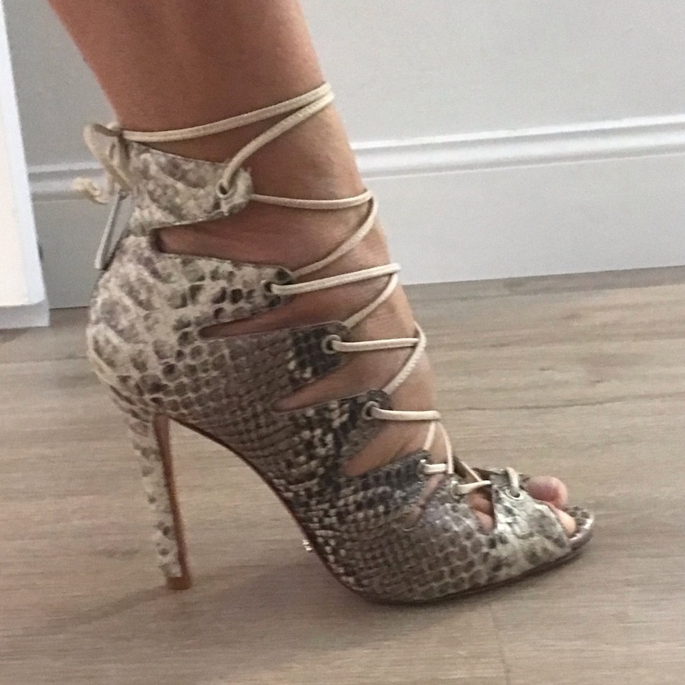 Schutz printed snake lace up heels